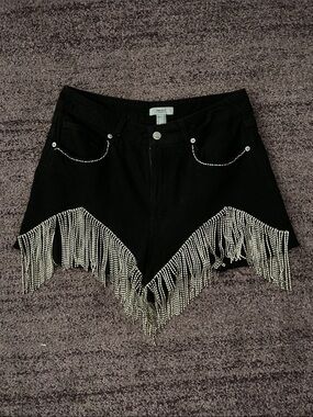 Black Denim Fringe Rhinestone Shorts